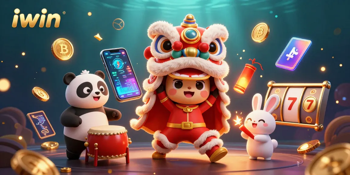 Engage with iwin through an exciting 3D illustration of characters dancing amidst crypto-themed casino vibes.