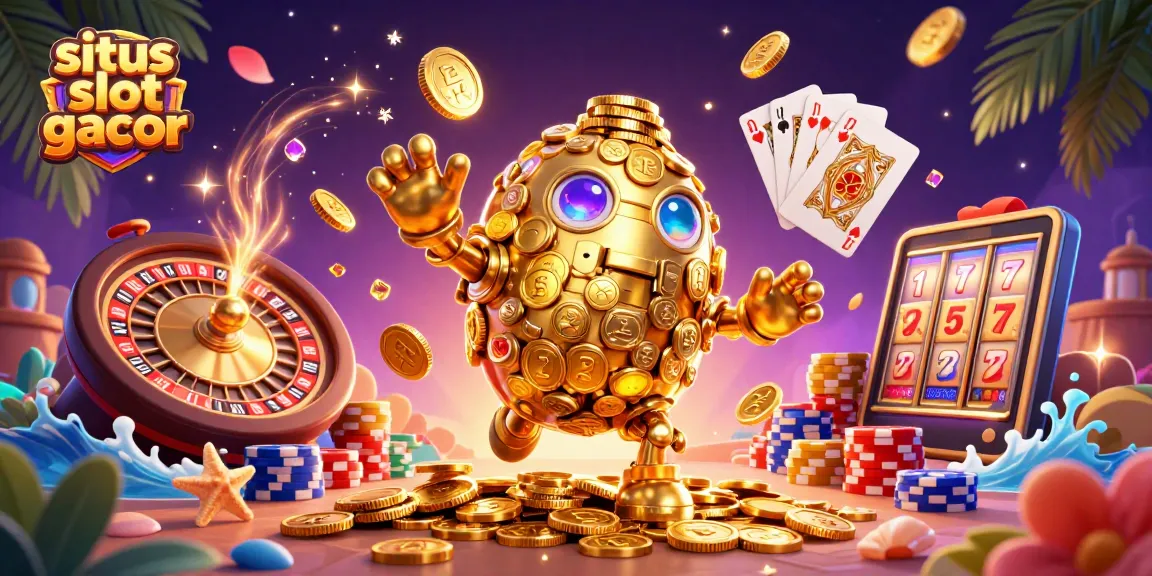 Menangkan jackpot di situs slot gacor dengan simbol mesin slot dan koin emas bertebaran.