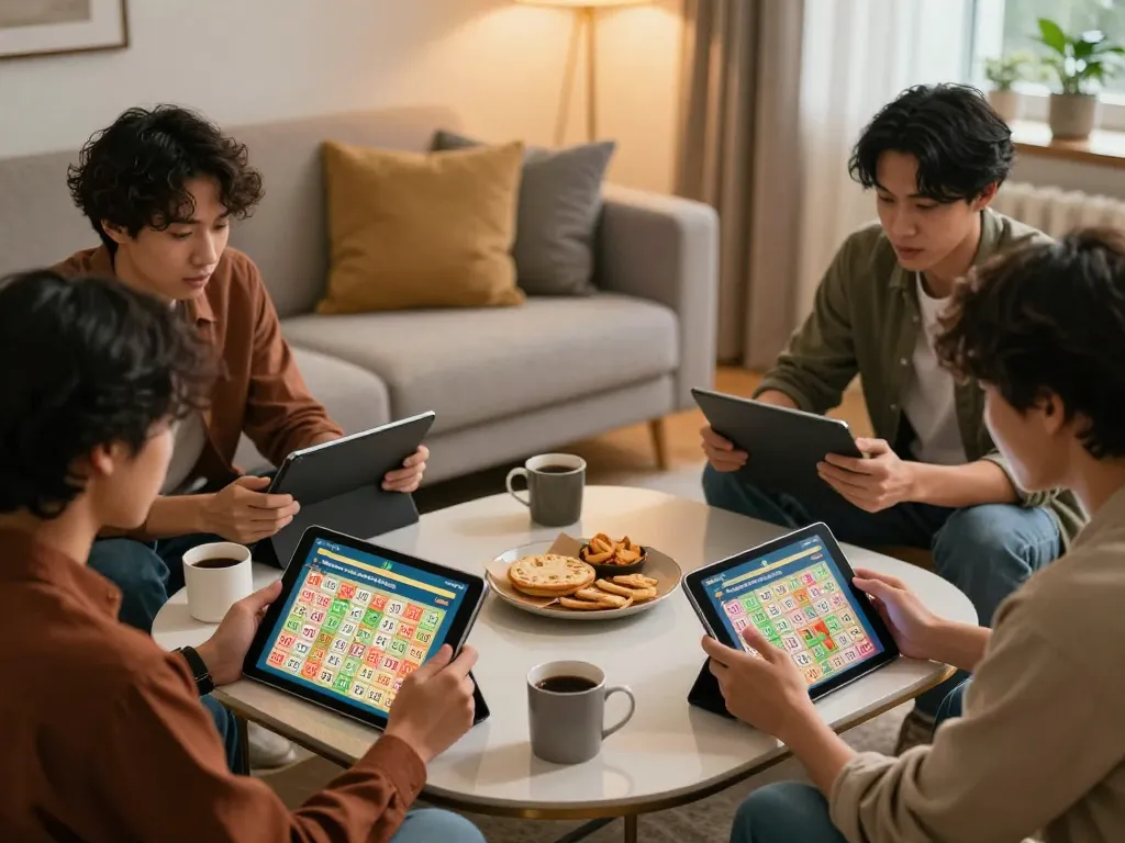 Xổ Số MM99 players analyzing numbers in a cozy home setting with tablets and snacks