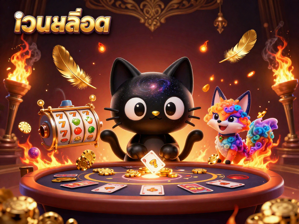 Engaging เว็บสล็อต scene with a cartoon black hole cat and a nebula fox pulling in casino chips.