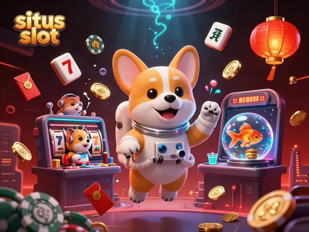 Slot permainan situs slot dengan corgi astronautik melayang dan elemen beruntung di sekelilingnya.