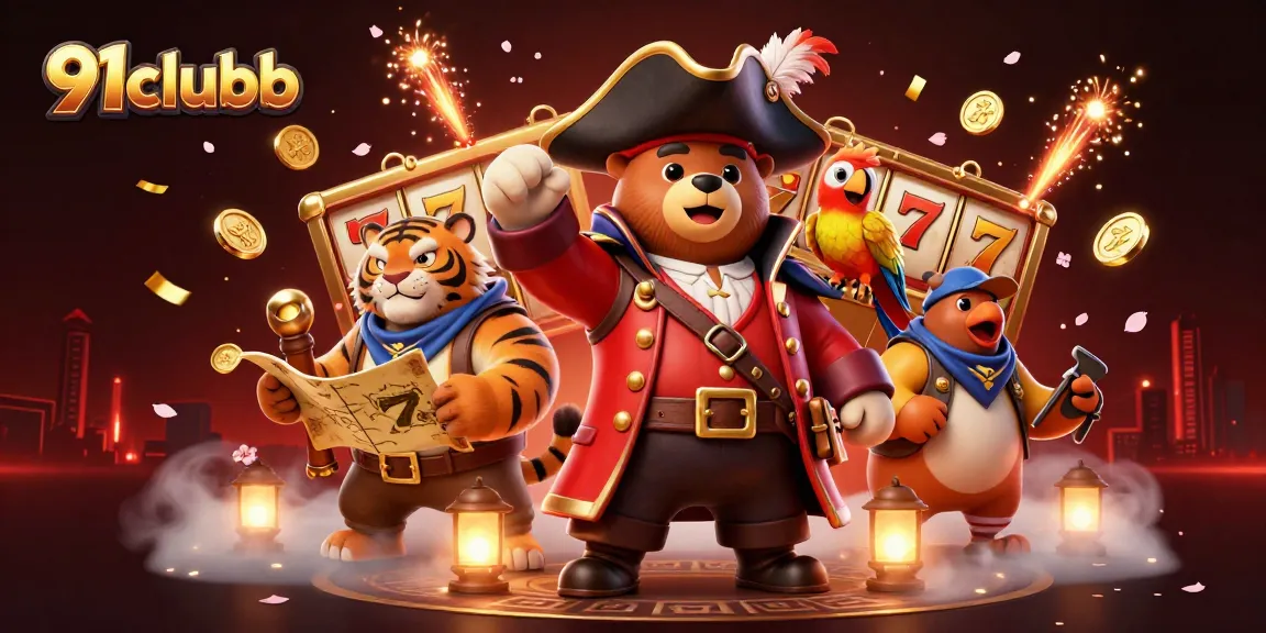 Play exciting games on 91clubb with a colorful scene of characters, slots, and winning symbols.