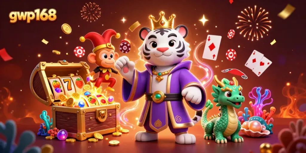Permainan kasino gwp168 dengan harimau putih dan monyet emas merayakan kemenangan dalam suasana meriah.