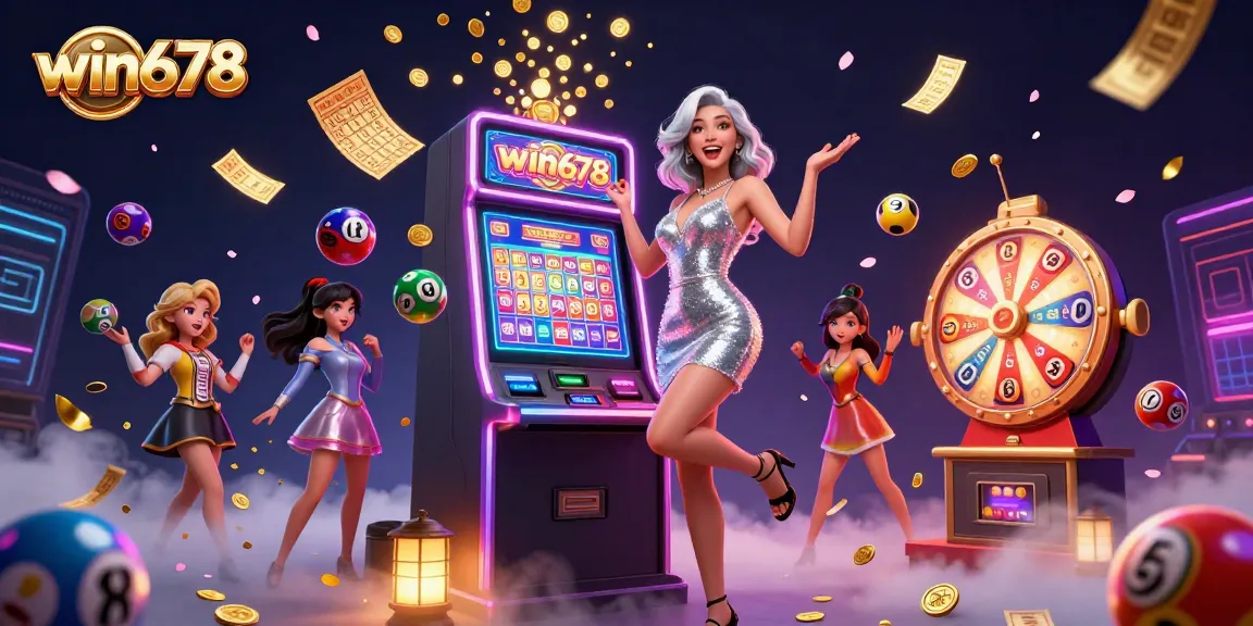 Win678 featuring an Asian woman celebrating a jackpot, surrounded by dynamic casino elements.