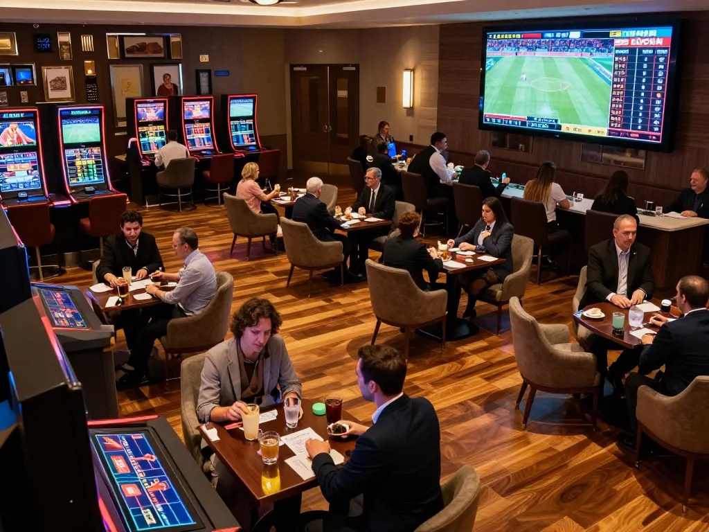 Pemain yang terlibat merencanakan strategi taruhan olahraga situs toto di lounge kasino yang ramai.
