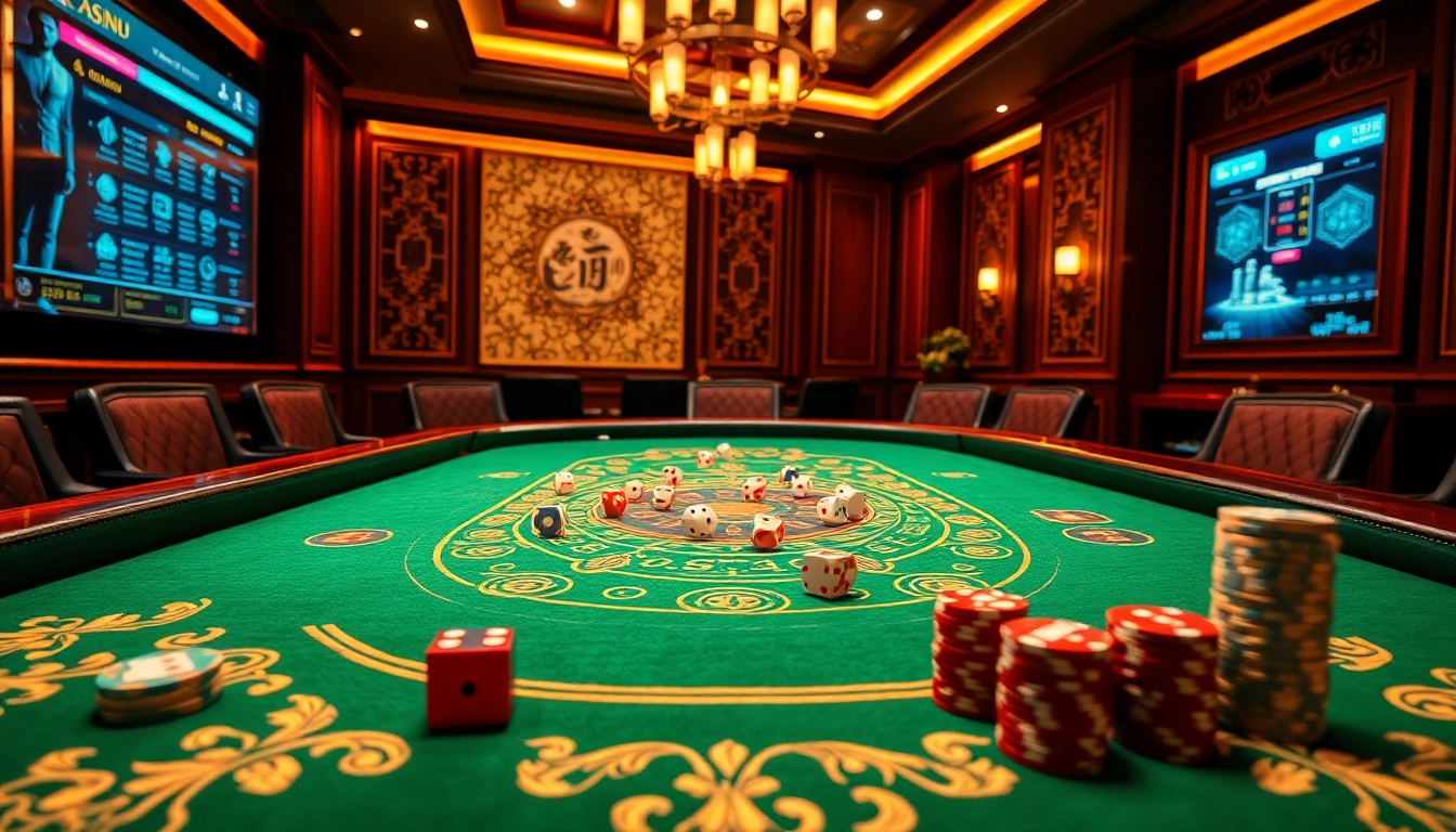 Tai Xiu online gaming table with dice and poker chips in a luxurious casino setting.