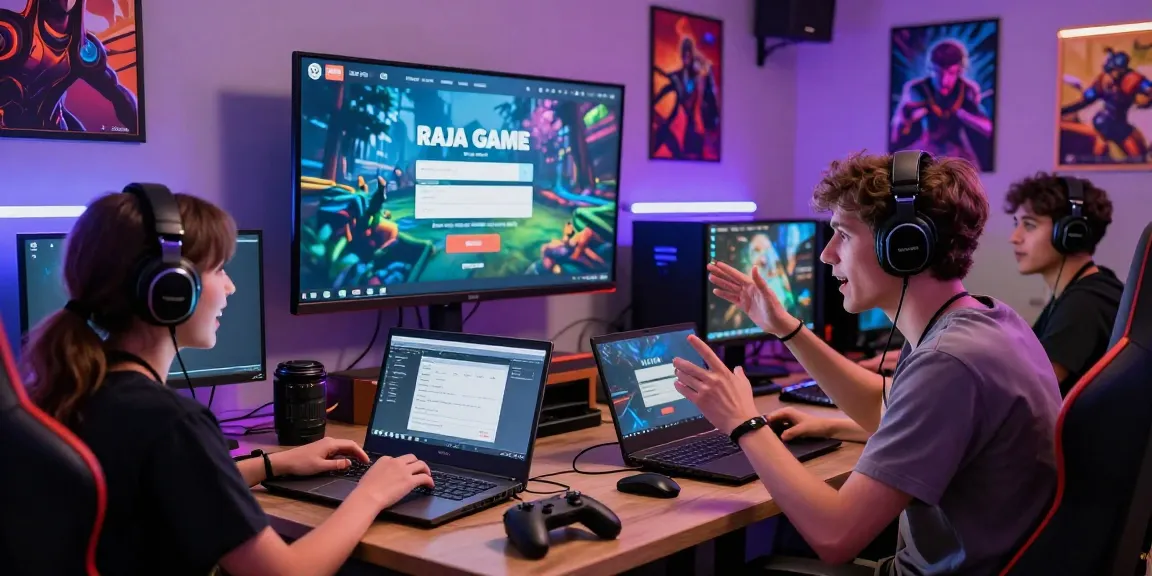 Raja Game login scene with excited players at a gaming setup, showcasing energy and community.