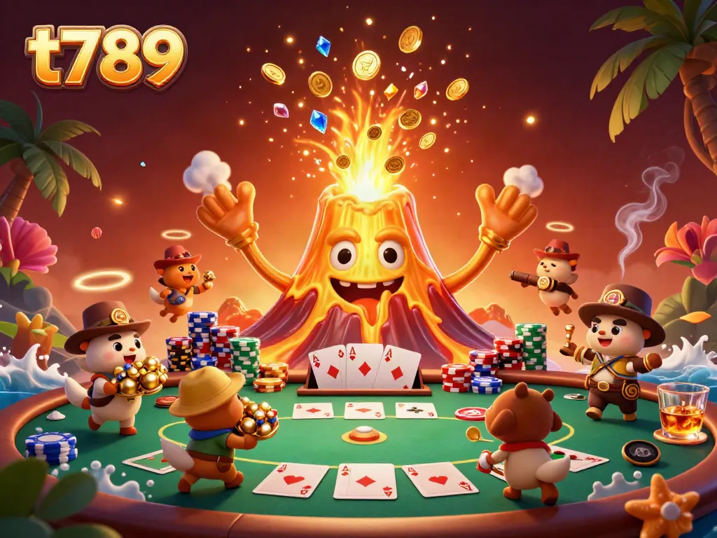 T789 volcano erupting coins and treasure in lively casino scene with poker elements