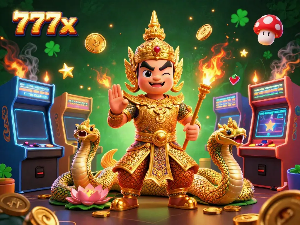 Engage with exciting casino games at 777x, featuring vibrant illustrations of temple guardians and colorful gaming elements.