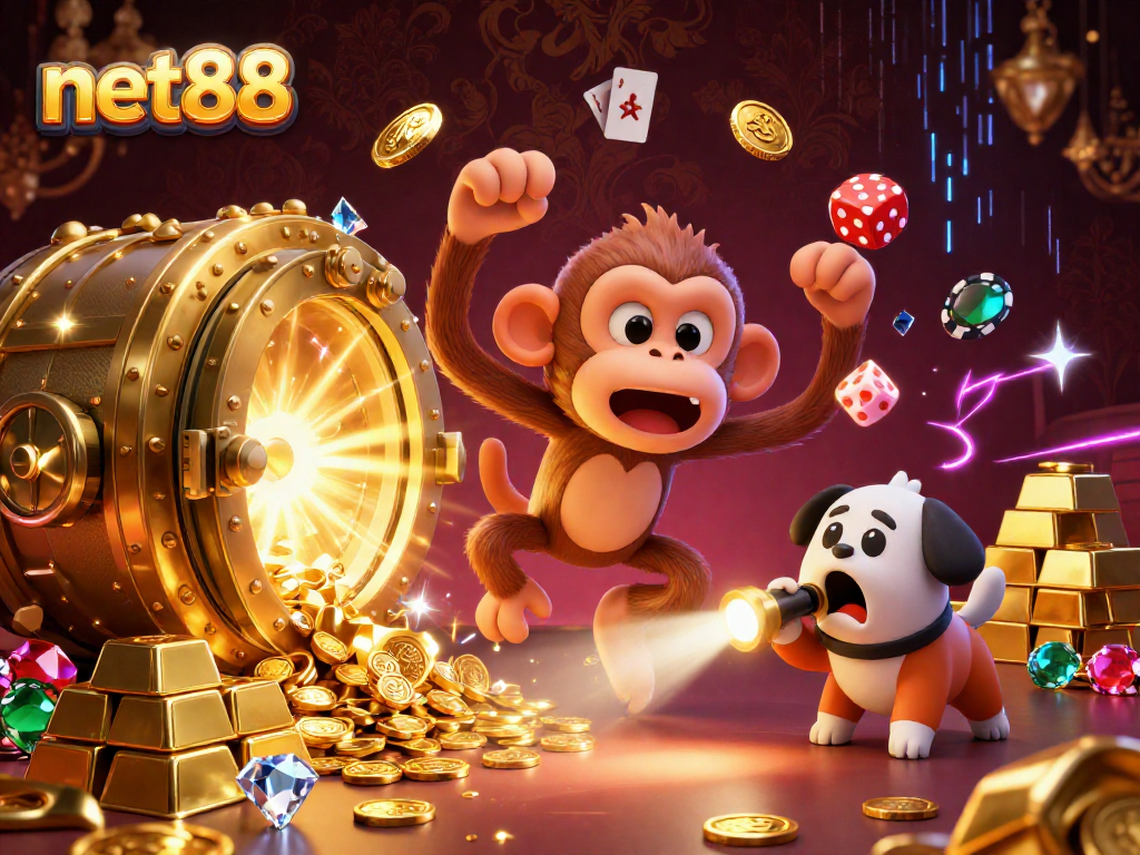 net88 showcases a mischievous monkey and ghost-hunter puppy in a vibrant casino scene.