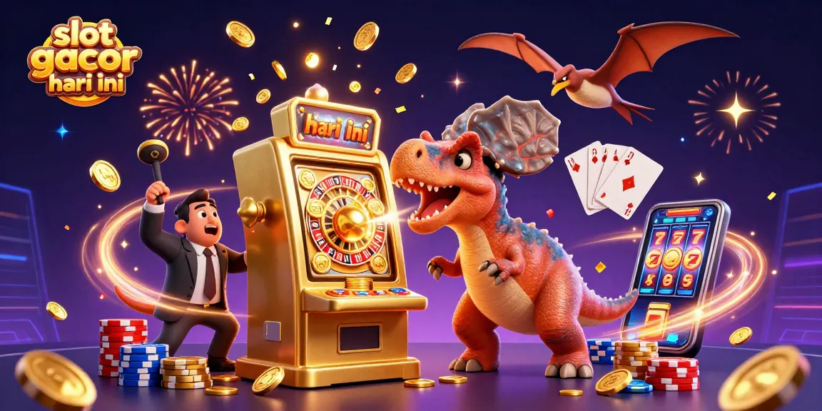 Experience slot gacor hari ini with a colorful 3D casino scene featuring animated dinosaurs and a jackpot!