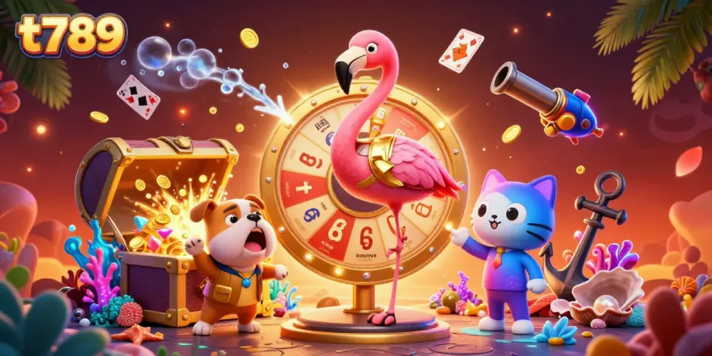 Engage in thrilling gameplay with t789 as a flamingo host spins the prize wheel under vibrant underwater treasures.