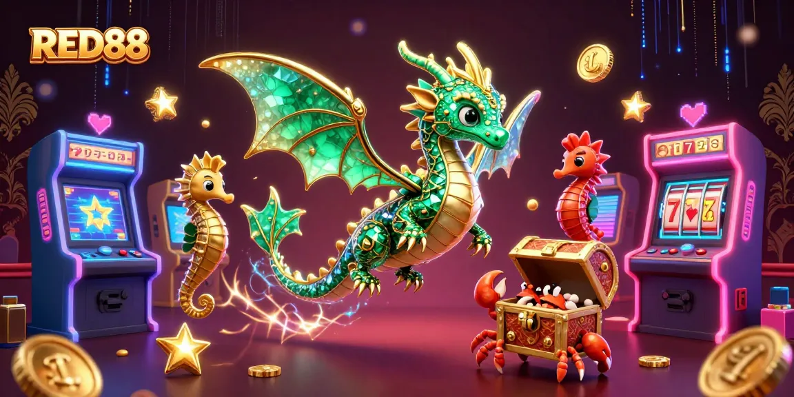 Engage with the vibrant RED88 scene, a captivating underwater casino world full of slot reels and animated characters.