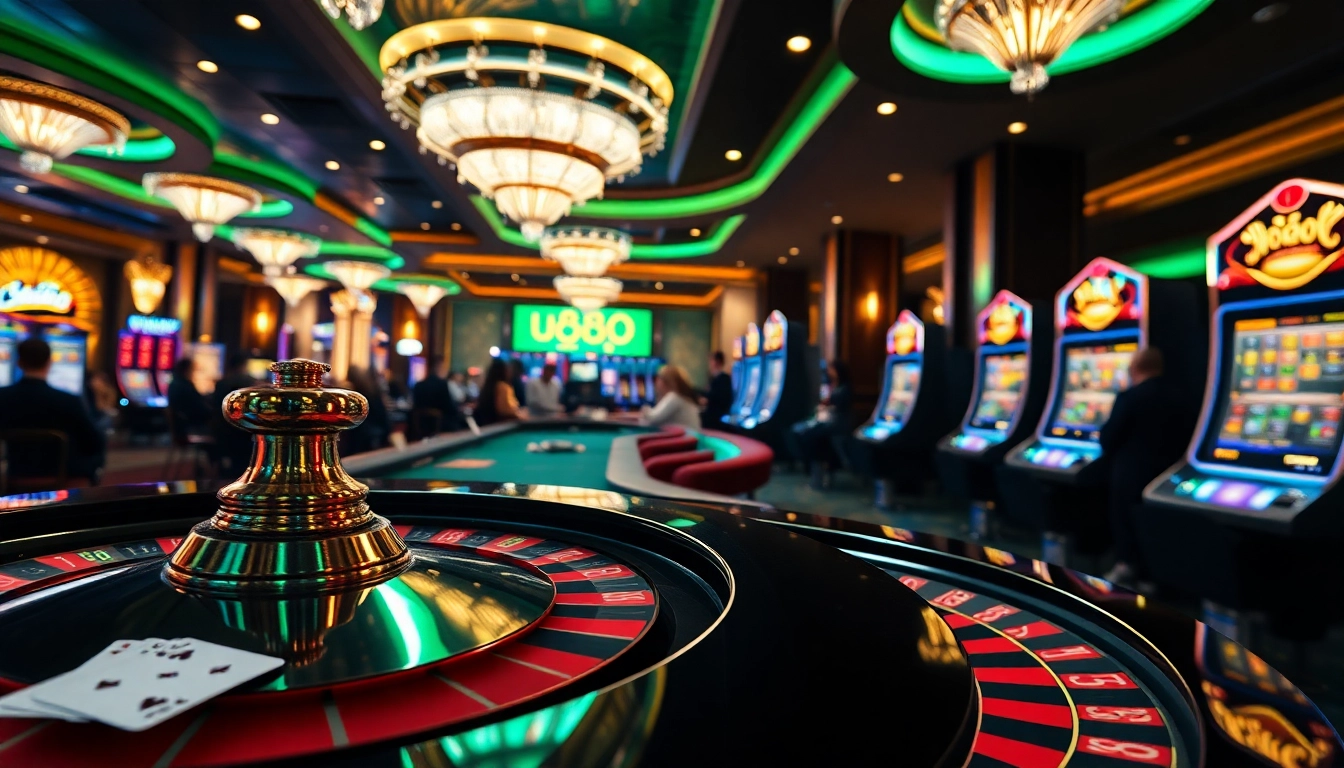 Engage in thrilling u888 casino games at an elegant gambling venue featuring roulette and slot machines.