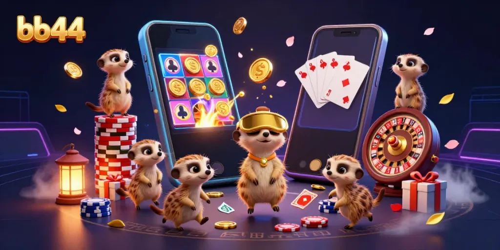 Engage with the thrills of bb44 casino, featuring animated meerkats managing a colorful gaming scene.