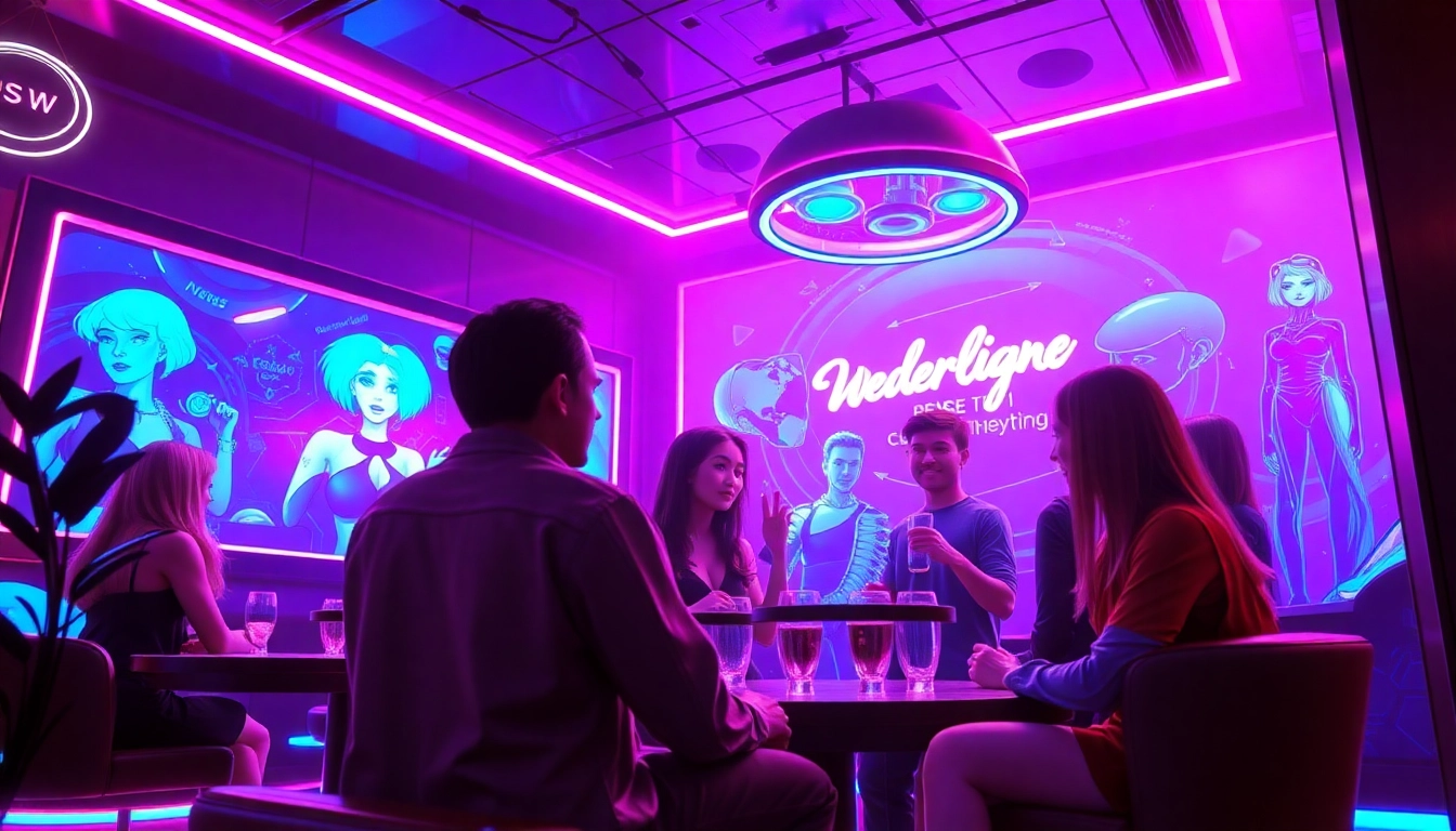 AI NSFW image generation scene featuring vibrant characters in a modern virtual lounge.