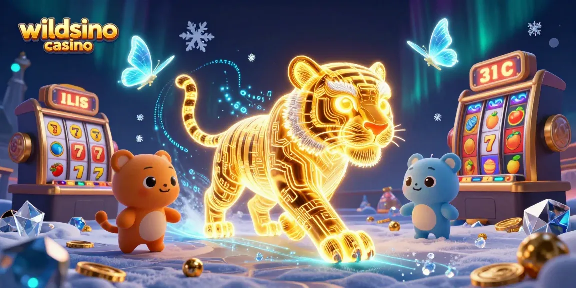 Juega y gana en wildsino casino mientras un tigre dorado ilumina el paisaje digital con símbolos de tragamonedas.
