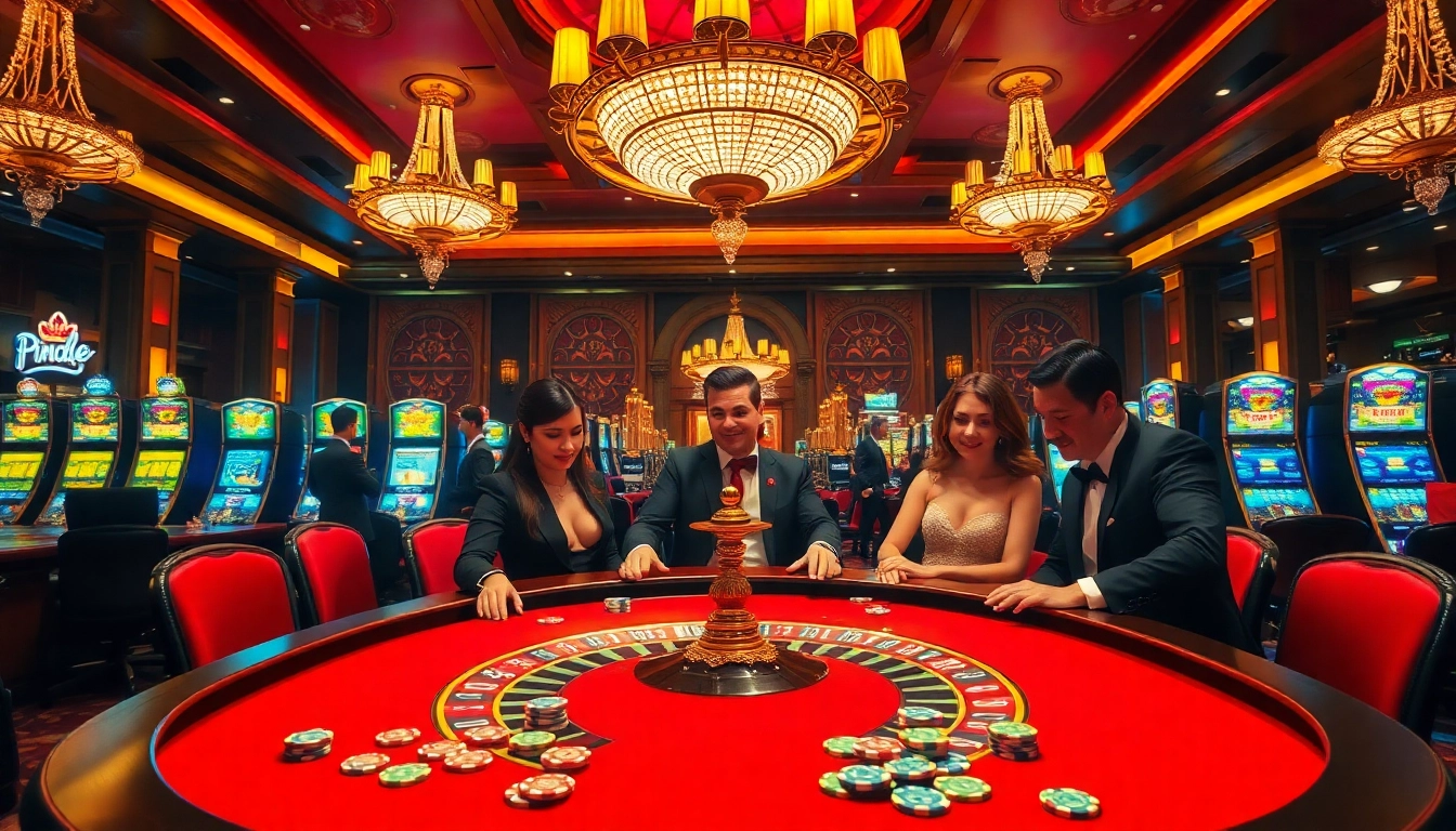 Exciting casino scene at https://fly88.services/ with players at roulette, vibrant decor, and engaging atmosphere.