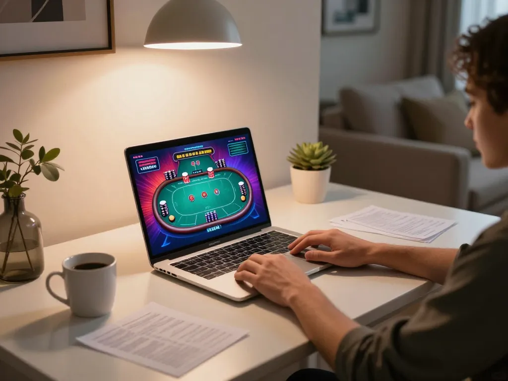 Engaged player using luckyindex for strategic online poker gameplay at home environment