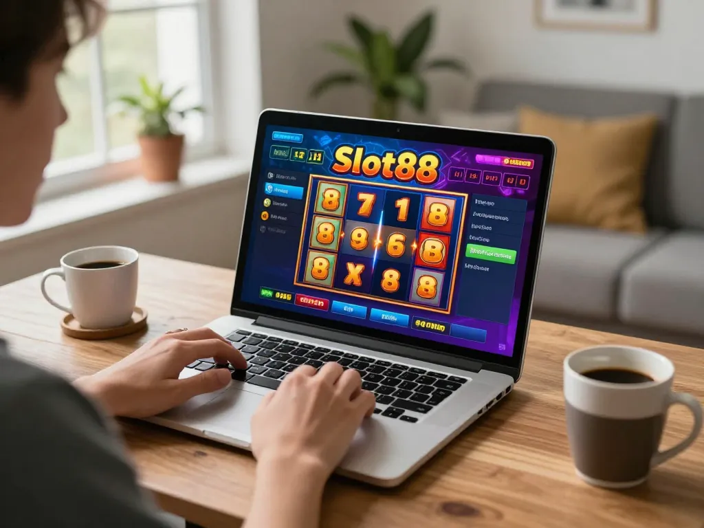 Experience Slot88 wins at home with a player engaged in virtual slot gaming.
