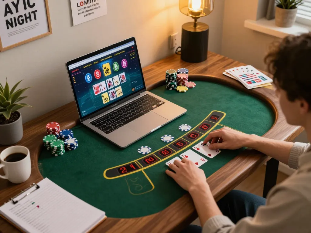 Engaged user exploring kp88 online blackjack, dynamic scene of strategic gameplay with colorful chips and cards