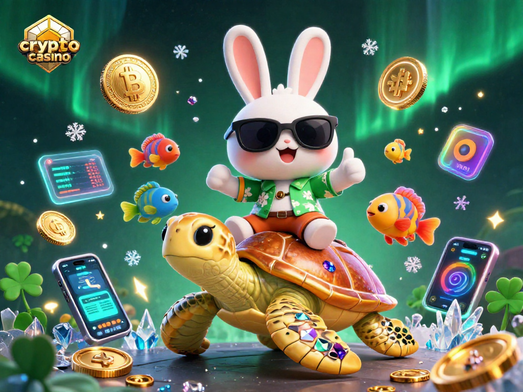 Engage in a vibrant crypto casino scene with a lucky rabbit and a golden turtle showcasing digital currencies.