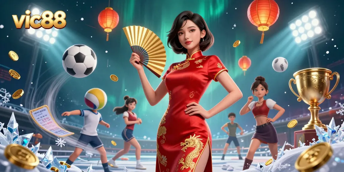 Engage with vic88 through exhilarating sports betting fun featuring an elegant Asian woman amid dynamic gaming elements.