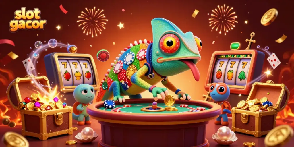 Experience thrilling slot gacor action with a vibrant casino scene featuring a chameleon owner amidst celebratory elements.