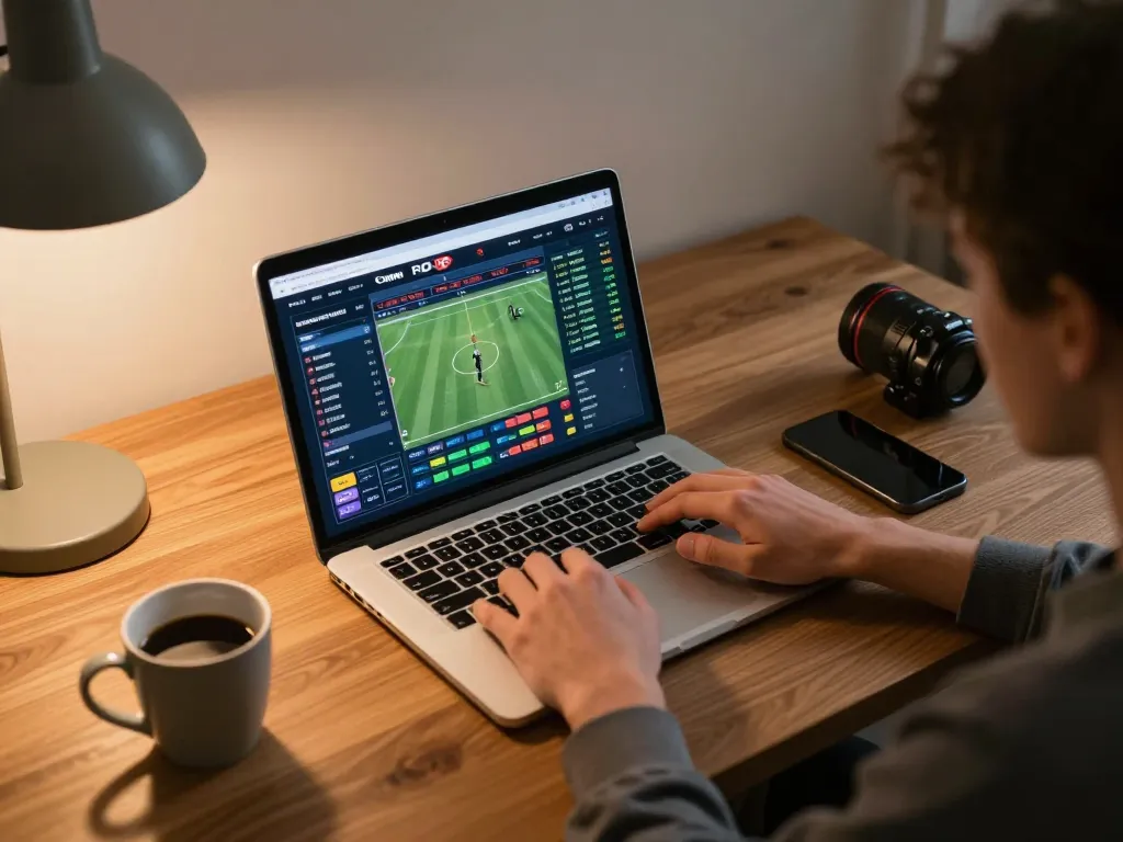 Engaging in strategic online sports betting with nk88 com interface displayed on laptop, promoting responsible gambling