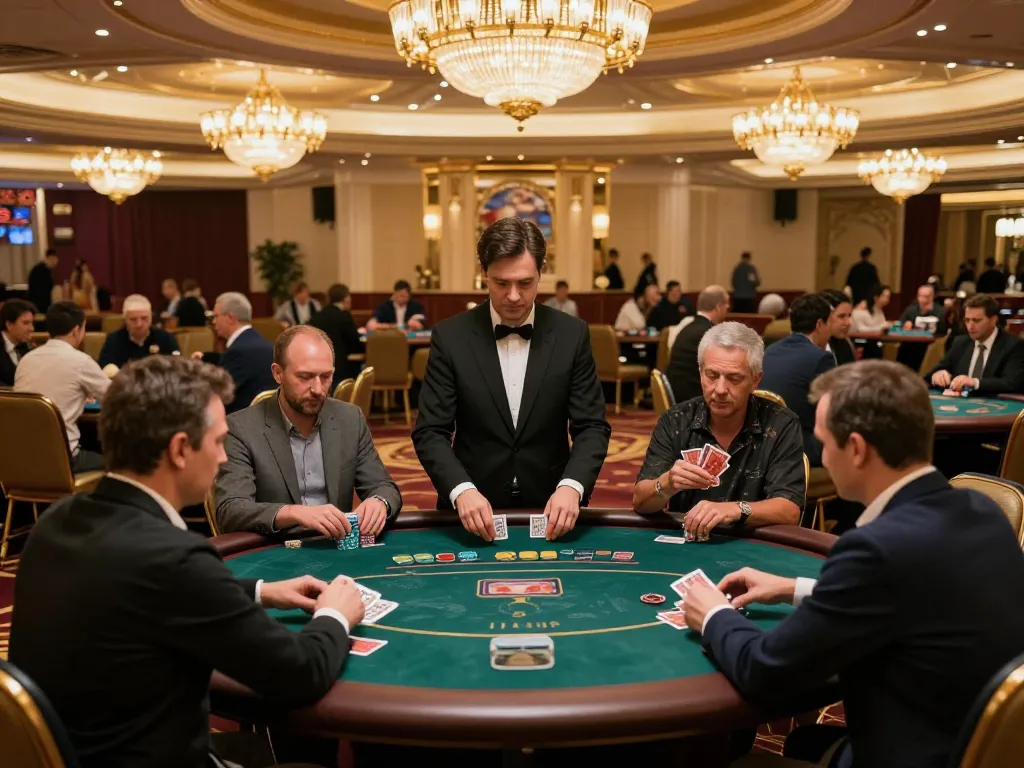 vt88 players engaged in strategic poker gameplay at an upscale casino with elegant decor and active tables