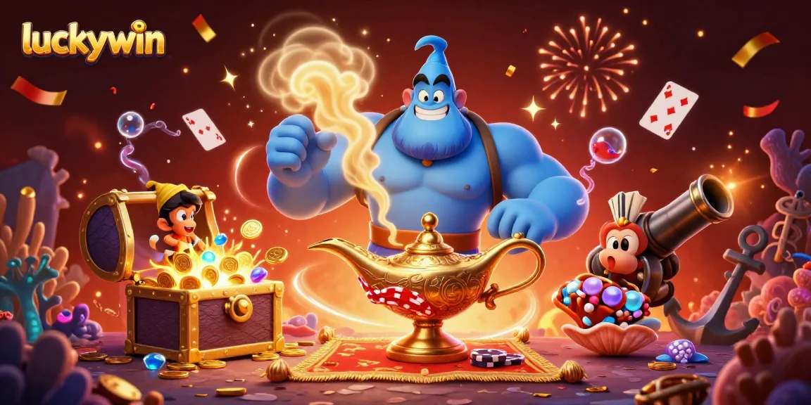Win big at luckywin with an enchanting 3D scene featuring a genie, monkey, and poker chips.