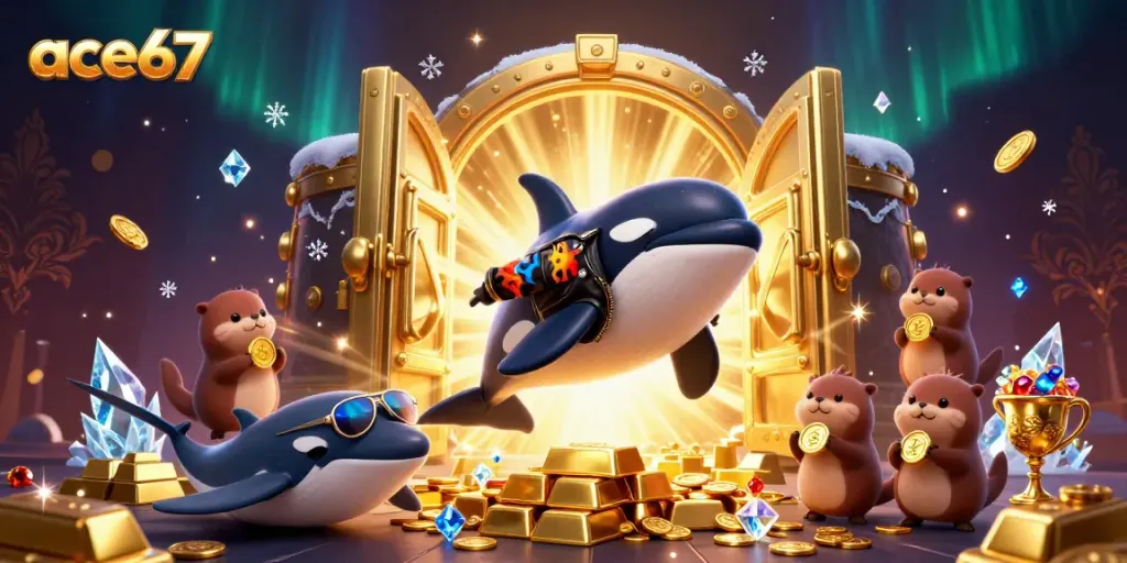Experience thrilling wins with ace67 as an orca jumps over treasure in this vibrant casino scene.