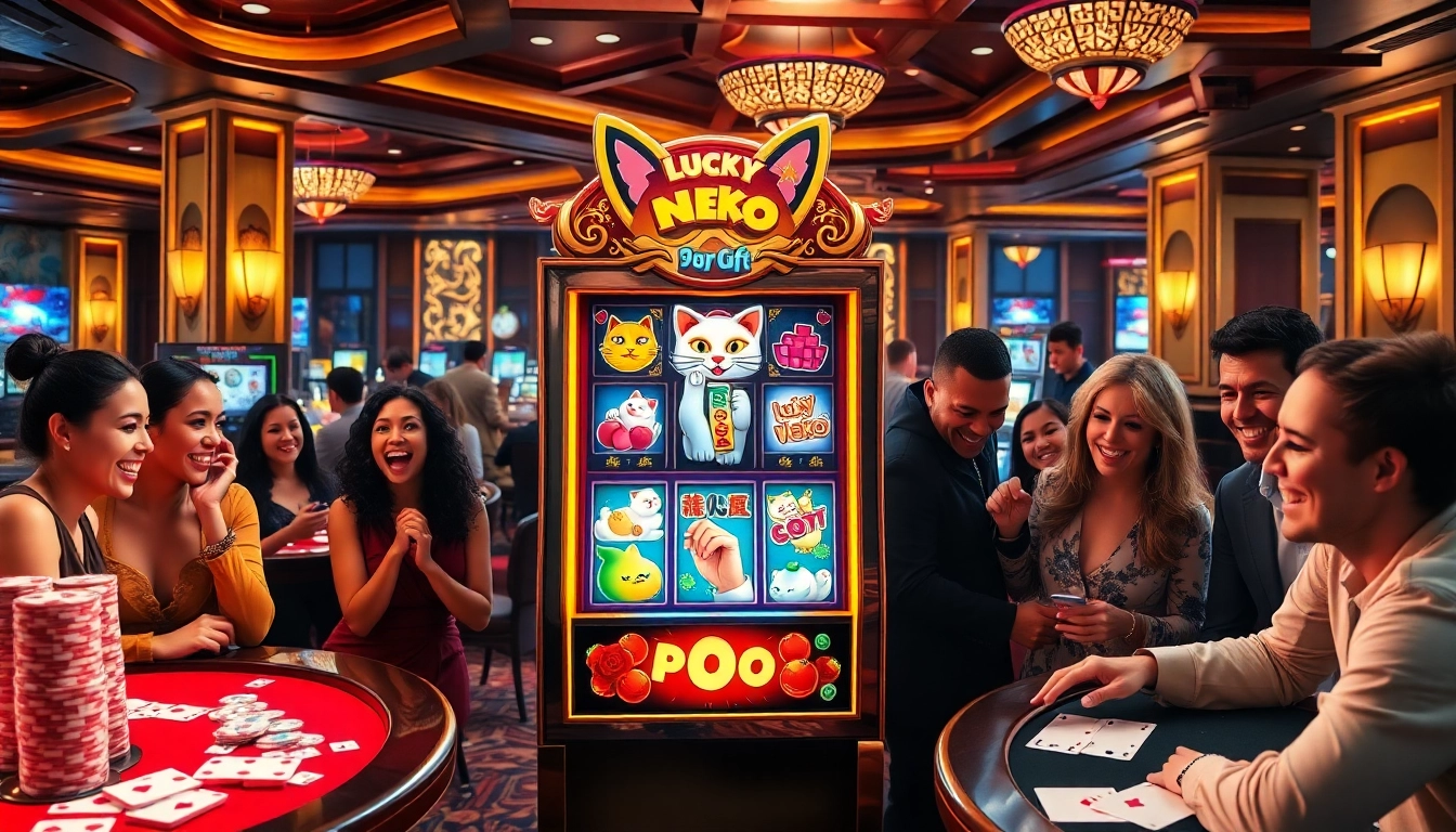 Engaging players at the Lucky Neko PG Soft slot machine in an elegant casino.