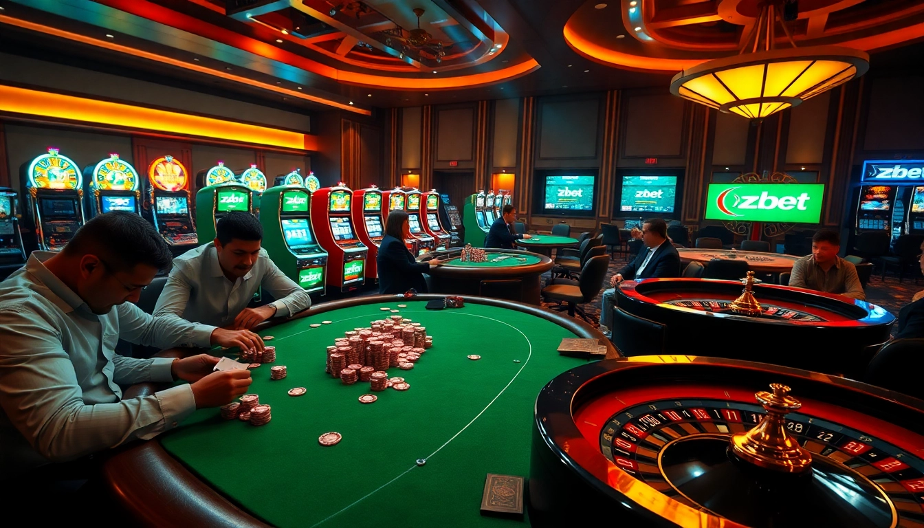 Players engage in a strategic poker game at zbet, surrounded by luxurious casino elements.