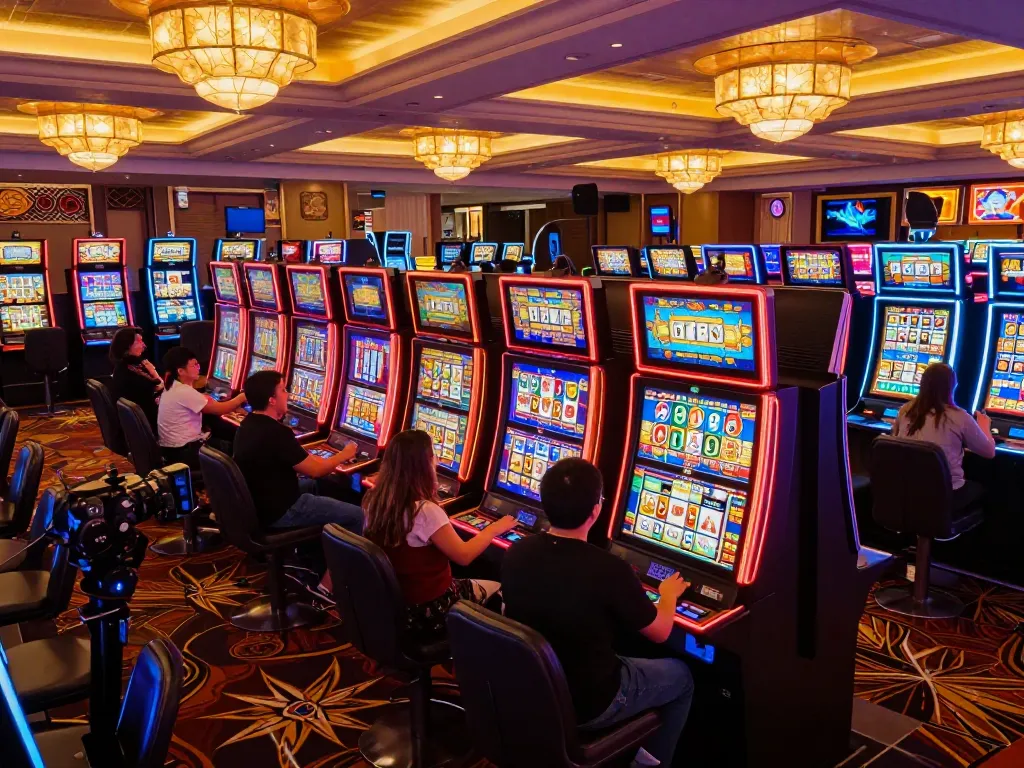 Players enjoying link slot machines in a lively casino atmosphere with colorful screens and celebrations.