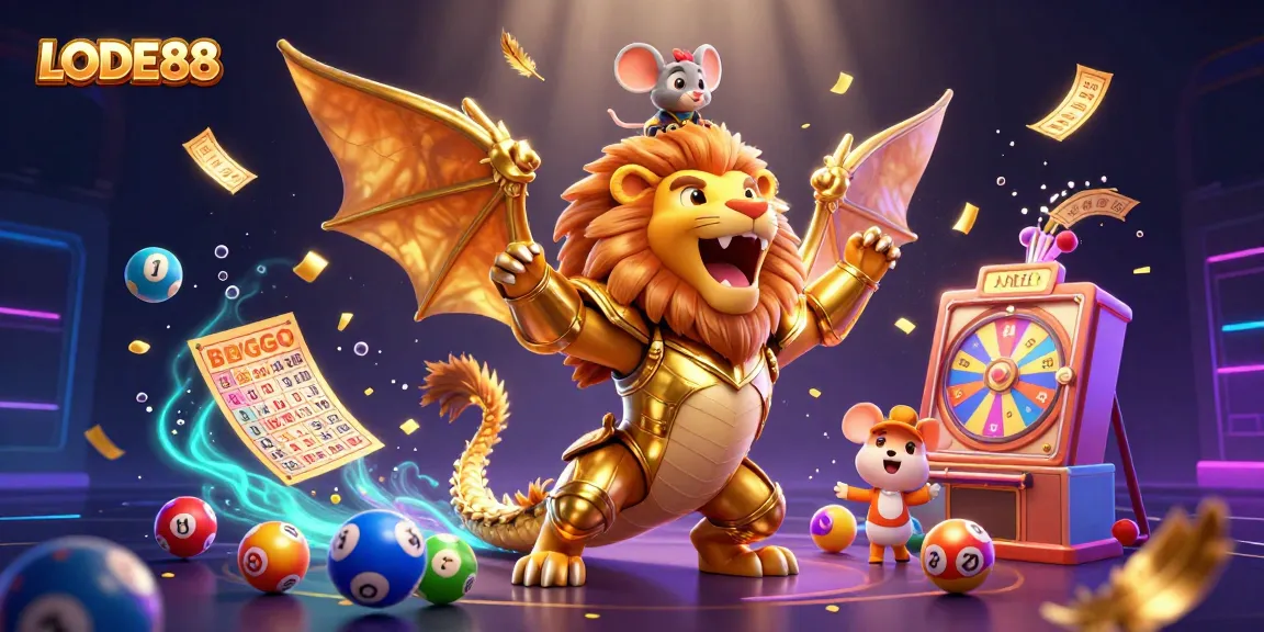 Engage in thrilling gameplay at LODE88 with vibrant colorful lottery balls, golden tickets, and dynamic casino elements.