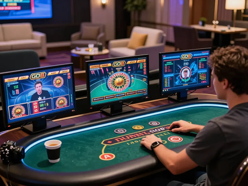 Engaging player enjoying GO8 casino games on multiple screens, showcasing dynamic online gambling experience