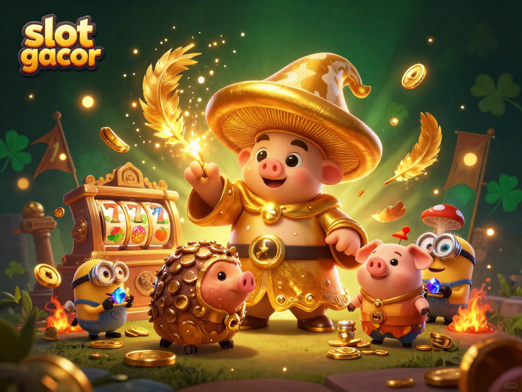 Experience slot gacor action with a golden mushroom wizard, treasures, and rich casino elements.