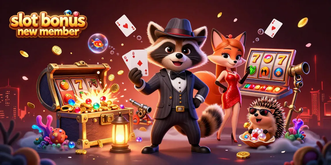 Engage with the slot bonus new member experience in this colorful casino digital illustration of raccoon, fox, and hedgehog.