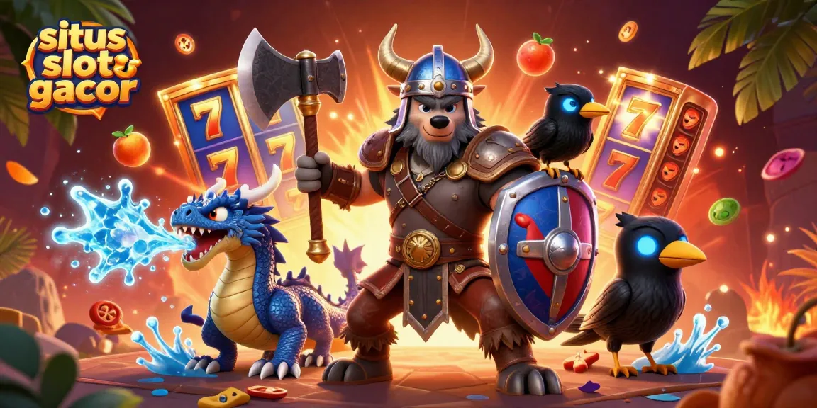situs slot gacor menampilkan ilustrasi 3D karakter Viking dan naga di dunia slot online yang penuh warna