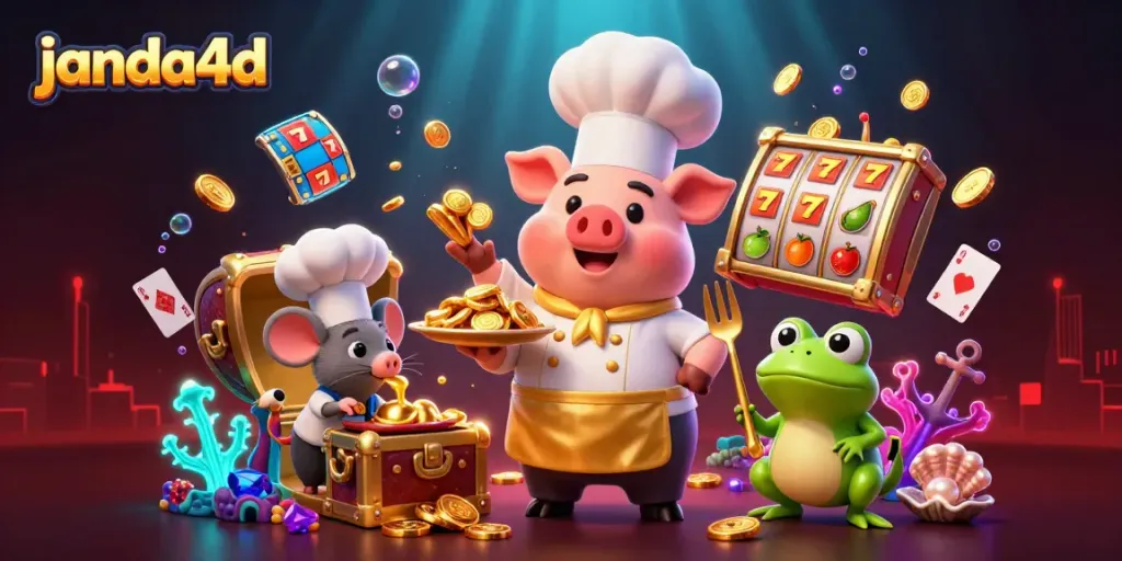 Janda4d menghadirkan chef pig menghidangkan koin emas, menyaru suasana kasino yang meriah.