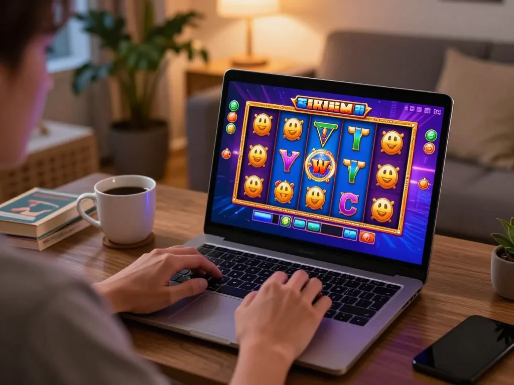 Engaging home gaming scene where a player explores situs slot games on a laptop, showcasing a cozy ambiance.