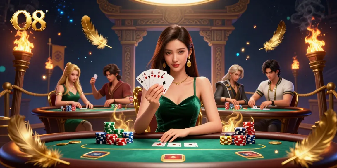 Win big at O8 with the photorealistic illustration of a skilled player at a luxury poker table.