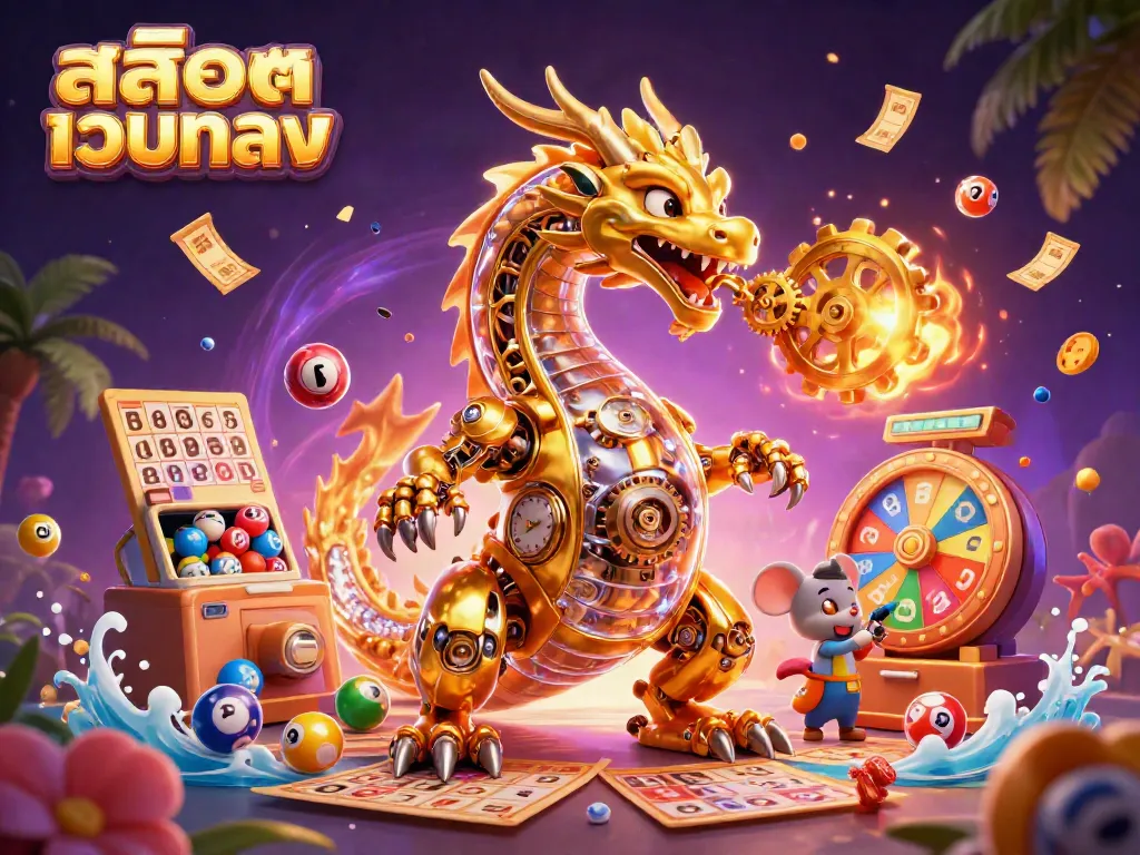 Experience excitement with the สล็อตเว็บตรง dragon breathing golden gears in a lively casino scene.