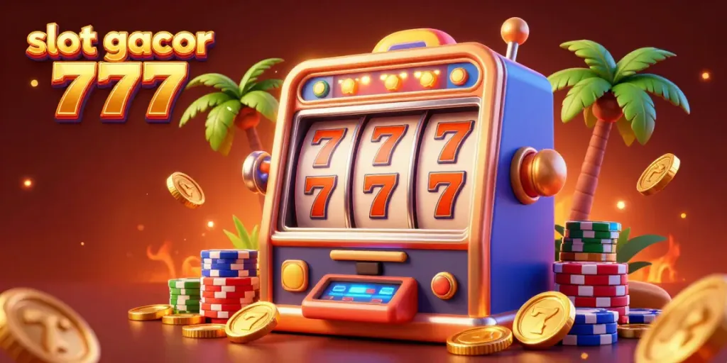 Permainan slot gacor 777 dengan simbol keberuntungan dikelilingi koin emas dan tumpukan chip.