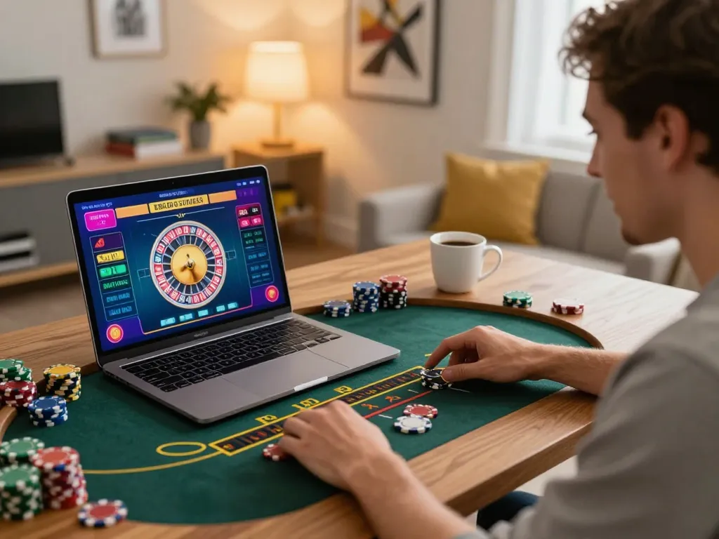 Engaging in online live dealer roulette game while ดูหนัง on cozy home desk