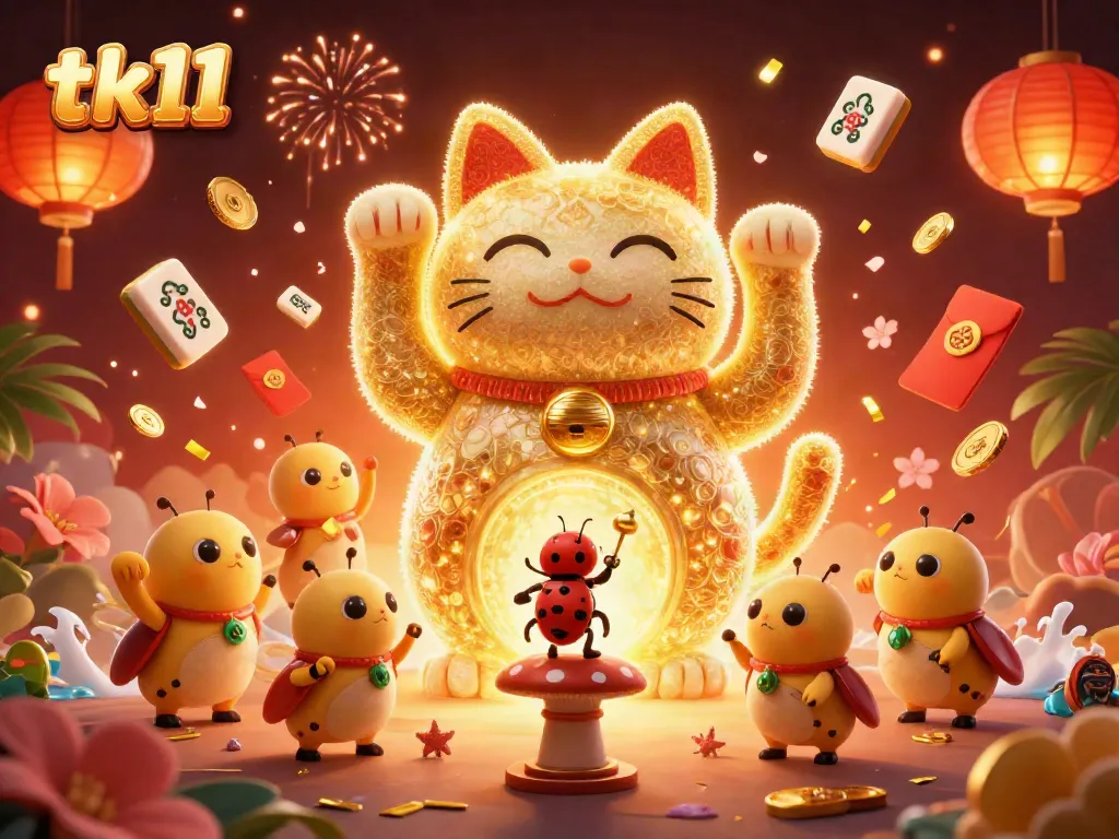 Engage with tk11's vibrant casino scene featuring a lucky cat and festive symbols.