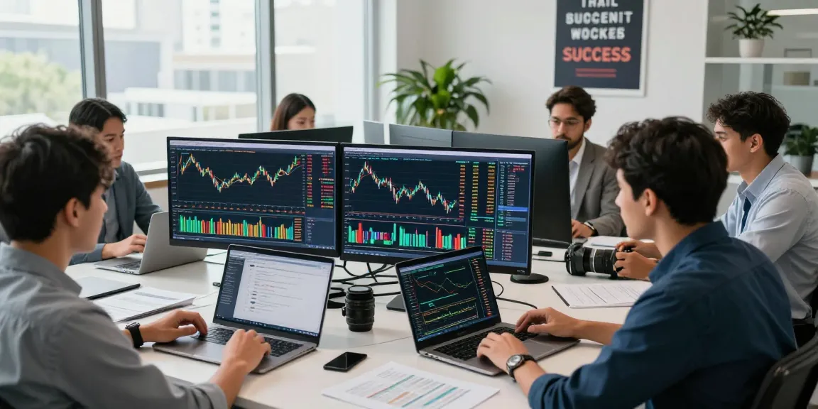 Analisis pasar oleh trader di kantor modern, kakakjudi dan data trading ditampilkan di layar.