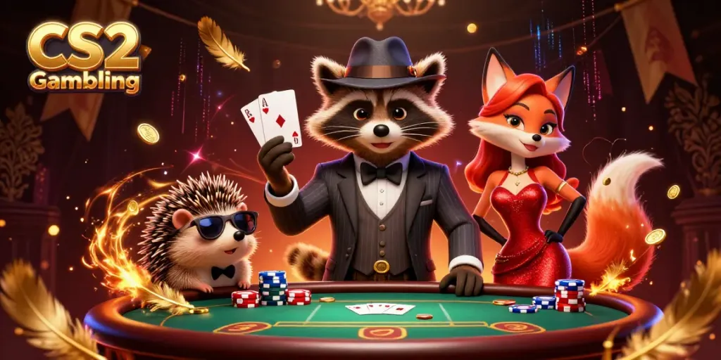 Engage in thrilling CS2 Gambling with raccoon, fox, and hedgehog characters at a lively poker table.