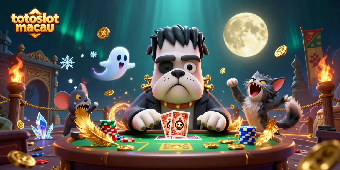 Engage with totoslotmacau as a festive 3D cartoon scene featuring unique characters at a casino table.